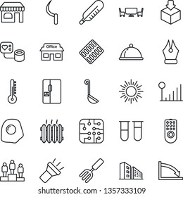 Thin Line Icon Set - shop vector, sun, pedestal, garden fork, sickle, blood pressure, test vial, thermometer, pills blister, store, package, torch, cellular signal, ink pen, office building, heater