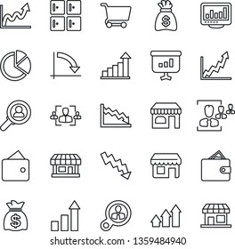 Thin Line Icon Set - shop vector, checkroom, growth statistic, money bag, crisis graph, store, monitor statistics, pie, hr, consumer search, arrow up, wallet, cart, presentation, storefront