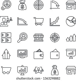 Thin Line Icon Set - shop vector, checkroom, money bag, crisis graph, store, monitor statistics, pie, hr, target, consumer search, arrow up, wallet, growth, cart, presentation, storefront