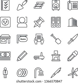 Thin Line Icon Set - shop vector, manager, office building, binder, document, drawing pin, job, trowel, fireplace, cash, speaker, face id, phone, checklist, paper tray, pencil, pen, rooms, bathroom