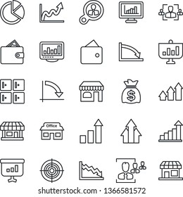 Thin Line Icon Set - shop vector, checkroom, growth statistic, money bag, crisis graph, store, monitor statistics, pie, hr, target, consumer search, arrow up, wallet, presentation, storefront