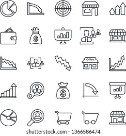 Thin Line Icon Set - shop vector, growth statistic, money bag, crisis graph, store, pie, hr, target, consumer search, arrow up, wallet, cart, presentation, storefront