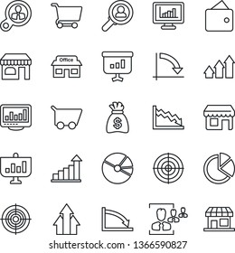 Thin Line Icon Set - shop vector, growth statistic, money bag, crisis graph, store, monitor statistics, pie, hr, target, consumer search, arrow up, wallet, cart, presentation, storefront