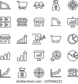 Thin Line Icon Set - shop vector, checkroom, growth statistic, money bag, crisis graph, store, pie, hr, target, consumer search, arrow up, cart, presentation, storefront