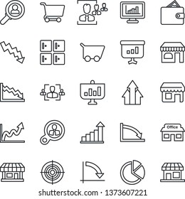 Thin Line Icon Set - shop vector, checkroom, growth statistic, crisis graph, store, monitor statistics, pie, hr, target, consumer search, arrow up, wallet, cart, presentation, storefront