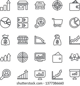 Thin Line Icon Set - shop vector, checkroom, growth statistic, money bag, store, monitor statistics, pie graph, hr, target, consumer search, arrow up, wallet, crisis, cart, presentation