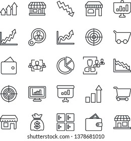 Thin Line Icon Set - shop vector, checkroom, growth statistic, money bag, crisis graph, store, monitor statistics, pie, hr, target, consumer search, arrow up, wallet, cart, presentation, storefront