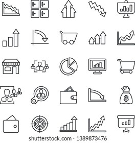 Thin Line Icon Set - shop vector, checkroom, growth statistic, money bag, crisis graph, monitor statistics, pie, hr, target, consumer search, arrow up, wallet, cart, presentation