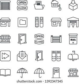 Thin Line Icon Set - shop vector, medical room, book, store, container, umbrella, package, mail, fast forward, folder, document, mailbox, open close, home control, jalousie, garage gate, door