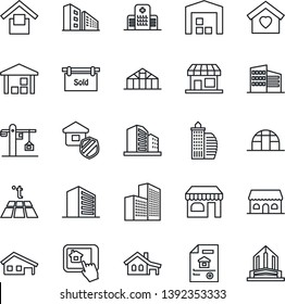 Thin Line Icon Set - Shop Vector, Office Building, Greenhouse, Hospital, Warehouse Storage, House With Garage, Estate Document, Sold Signboard, Sweet Home, Crane, Insurance, Cafe, Control App