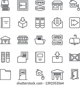 Thin Line Icon Set - shop vector, medical room, book, store, container, package, mail, fast forward, scanner, folder, copybook, document, mailbox, open close, home control, garage gate, door