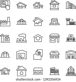 Thin Line Icon Set - shop vector, airport building, factory, house, greenhouse, hospital, store, warehouse storage, with garage, estate document, office, crane, cafe, eco, home control app
