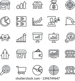 Thin Line Icon Set - shop vector, checkroom, growth statistic, money bag, crisis graph, store, monitor statistics, pie, hr, target, consumer search, arrow up, wallet, cart, presentation, storefront