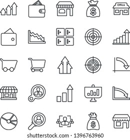 Thin Line Icon Set - shop vector, checkroom, growth statistic, money bag, crisis graph, store, pie, hr, target, consumer search, arrow up, wallet, cart, presentation, storefront