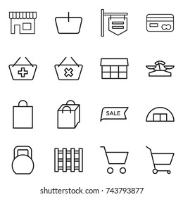 thin line icon set : shop, basket, signboard, card, add to, delete cart, market, scales, shopping bag, sale, hangare, heavy, pallet