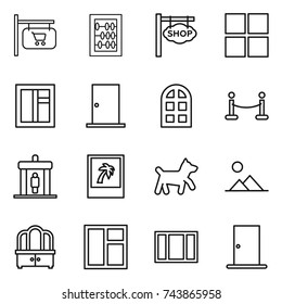 thin line icon set : shop signboard, abacus, window, door, arch, vip fence, detector, photo, dog, landscape, dresser
