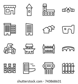 thin line icon set : shop, tower, mansion, drawbridge, houses, skyscraper, slum, modern architecture, japanese house, gothic, bridge, palace, hotel, antique column, fence