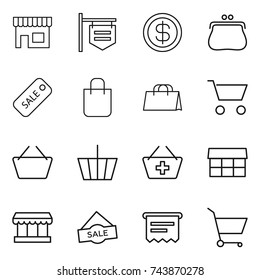 thin line icon set : shop, signboard, dollar, purse, sale, shopping bag, cart, basket, add to, market, atm receipt