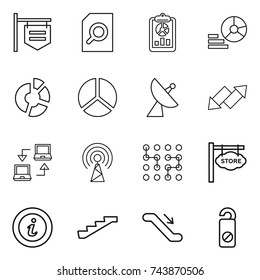 thin line icon set : shop signboard, search document, report, diagram, circle, satellite antenna, up down arrow, notebook connect, chip, store, info, stairs, escalator, do not distrub