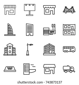 thin line icon set : shop, billboard, bridge, skyscraper, mall, modular house, building, outdoor light, office, bus, taxi, hotel, sweeper