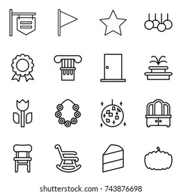 thin line icon set : shop signboard, flag, star, sale, medal, column, door, fountain, perishable, hawaiian wreath, disco ball, dresser, chair, rocking, cake, pumpkin