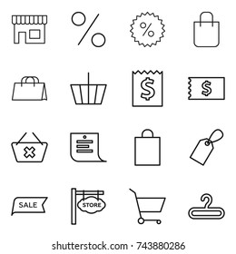 thin line icon set : shop, percent, shopping bag, basket, receipt, delete cart, list, label, sale, store signboard, hanger