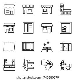 thin line icon set : shop, mansion, window, flower in, curtain, clean floor, skysrcapers cleaning, skyscrapers, wiping, toilet