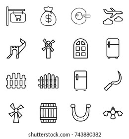 thin line icon set : shop signboard, money bag, cell corection, journey, greate wall, windmill, arch window, fridge, fence, sickle, barrel, horseshoe, hard reach place cleaning