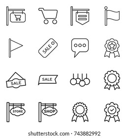 thin line icon set : shop signboard, cart, flag, sale, message, medal, store