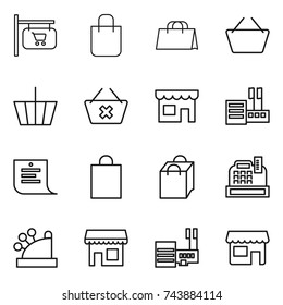 thin line icon set : shop signboard, shopping bag, basket, delete cart, store, list, cashbox, mall