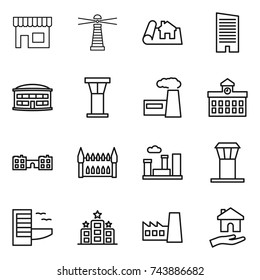 thin line icon set : shop, lighthouse, project, skyscraper, airport building, tower, factory, university, school, gothic architecture, city, hotel, housing