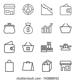 thin line icon set : shop, target audience, crisis, wallet, purse, money bag, diagram, basket, delete cart, store, scales, shopping