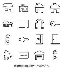 thin line icon set : shop, home, house with garage, plan, arch, key, do not distrub, fridge, door, bell, welcome mat