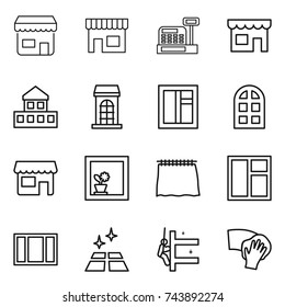 thin line icon set : shop, cashbox, cottage, building, window, arch, flower in, curtain, clean floor, skyscrapers cleaning, wiping