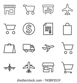 thin line icon set : shop, cart, presentation, plane, dollar coin, account balance, shopping bag, delivery, airplane