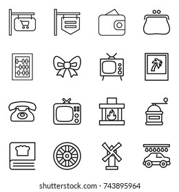 thin line icon set : shop signboard, wallet, purse, abacus, bow, tv, photo, phone, fireplace, hand mill, cooking book, wheel, windmill, car wash