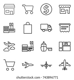 thin line icon set : shop, cart, dollar coin, store, shopping bag, delivery, atm receipt, journey, mall, port, consolidated cargo, plane, airplane