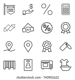 thin line icon set : shop signboard, investment, percent, calculator, up down arrow, sale, medal, geo pin, label, bar code, identity card, grill oven, handle washing