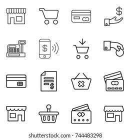 thin line icon set : shop, cart, card, investment, cashbox, phone pay, add to, hand coin, credit, account balance, delete, basket