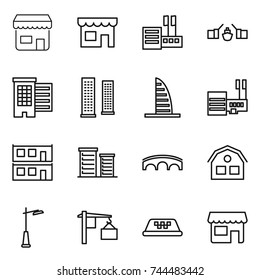 thin line icon set : shop, store, drawbridge, houses, skyscrapers, skyscraper, mall, modular house, district, bridge, outdoor light, loading, taxi