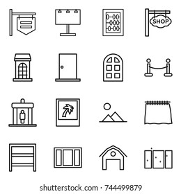 thin line icon set : shop signboard, billboard, abacus, building, door, arch window, vip fence, detector, photo, landscape, curtain, rack, barn, clean