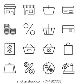 thin line icon set : shop, basket, card, coin stack, percent, credit, receipt, remove from, delete cart, shopping bag, cashbox