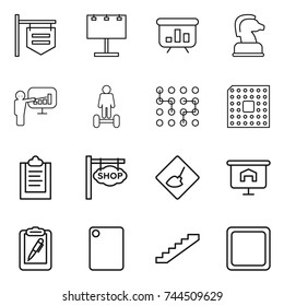 thin line icon set : shop signboard, billboard, presentation, chess horse, hoverboard, chip, cpu, clipboard, under construction, pen, cutting board, stairs