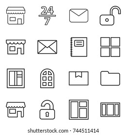 thin line icon set : shop, 24 7, mail, unlock, copybook, window, arch, package box, documents, unlocked
