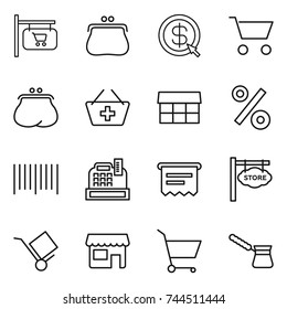 thin line icon set : shop signboard, purse, dollar arrow, cart, add to basket, market, percent, bar code, cashbox, atm receipt, store, trolley, turk