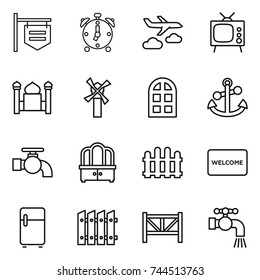 thin line icon set : shop signboard, alarm clock, journey, tv, minaret, windmill, arch window, anchor, water tap, dresser, fence, welcome mat, fridge, farm