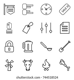 thin line icon set : shop signboard, diagram, clock, sale, crystall memory, label, equalizer, document, locked, kettle, ladle, shovel, windmill, cow, fire, blower
