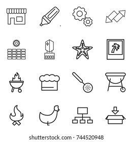 thin line icon set : shop, marker, gear, up down arrow, sun power, crystall memory, starfish, photo, bbq, chief hat, skimmer, fire, chicken, hierarchy, package