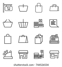 thin line icon set : shop signboard, basket, shopping bag, store, list, cashbox, mall