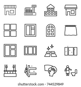 thin line icon set : shop, cashbox, cottage, window, arch, curtain, clean floor, skysrcapers cleaning, skyscrapers, wiping, toilet